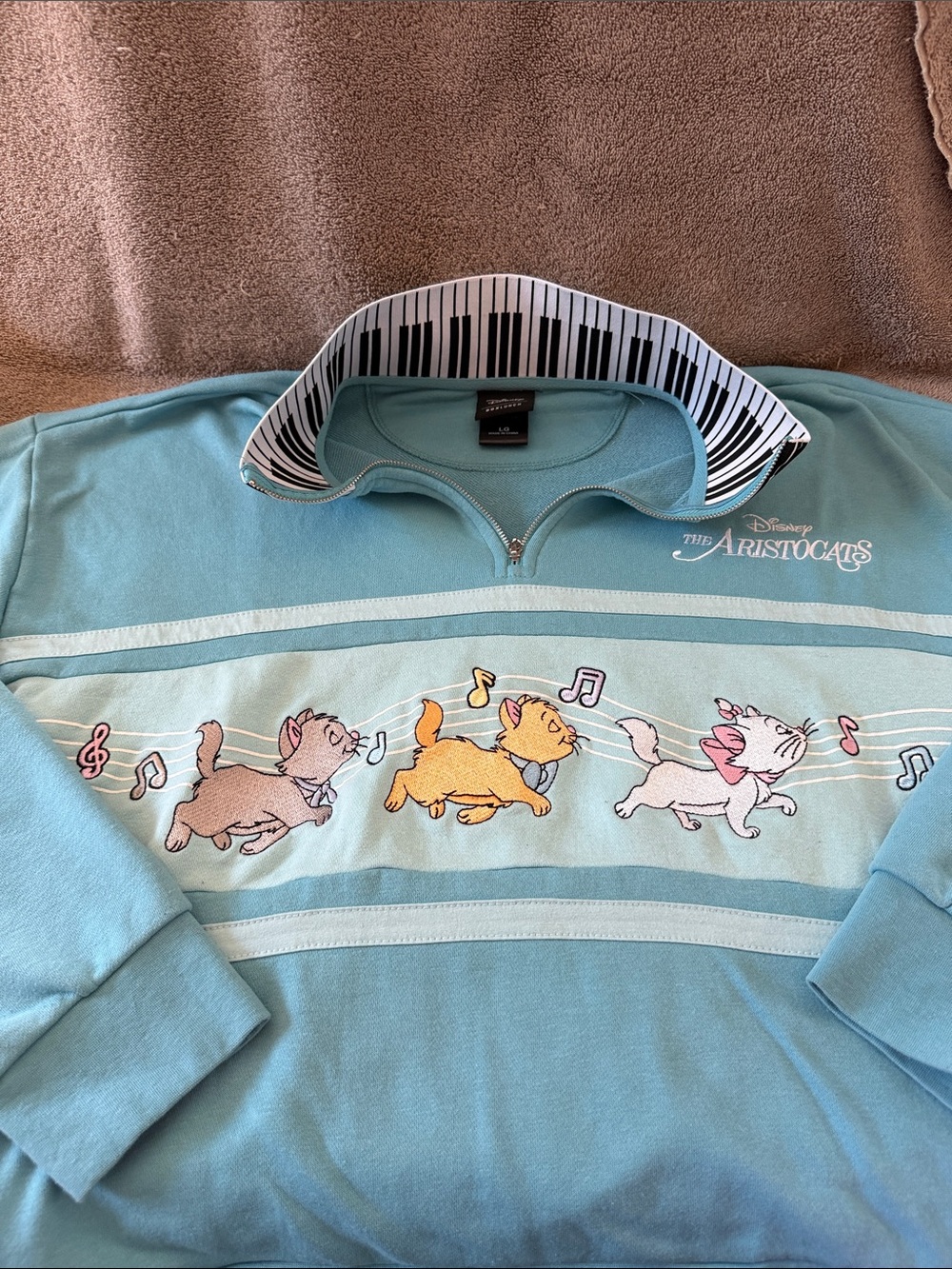 Disney Light Blue Aristocats Quarter-Zip Sweater with Piano-Print Collar